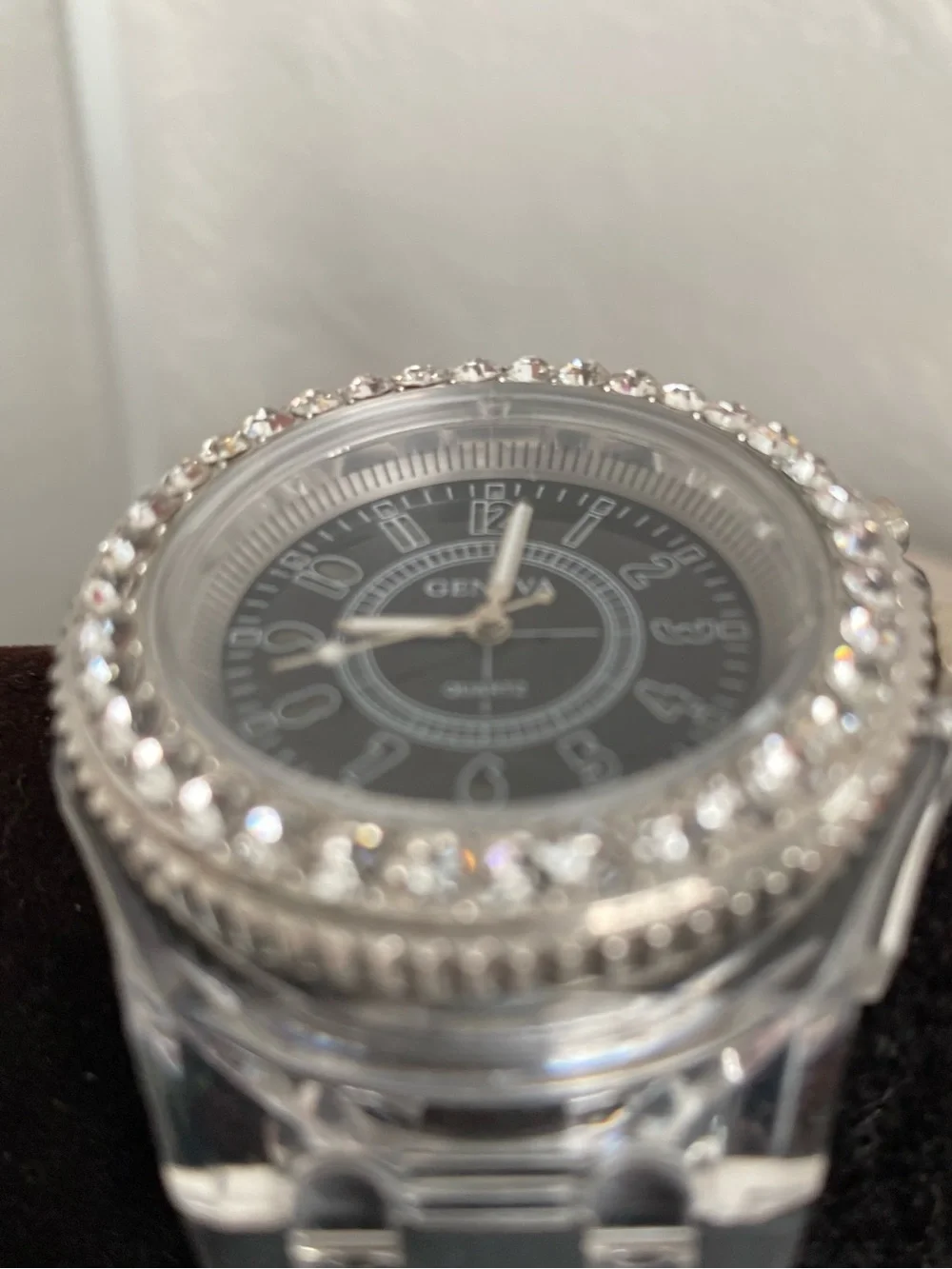 Geneva Black Dial Silver Crystal Bezel Fashion Watch